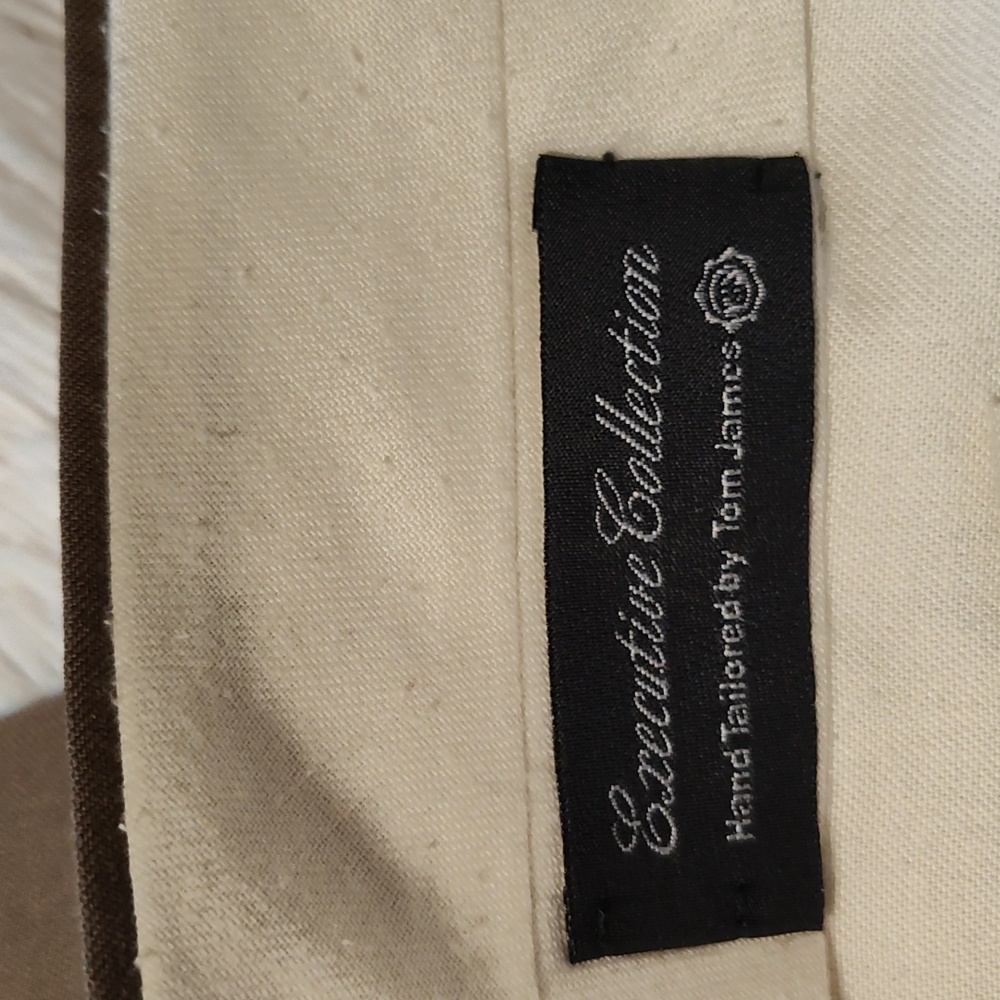 Tom James Mens Bespoke Custom Tailored Dress Pants Brown Pleated Cuffed 42x32 - Picture 14 of 14
